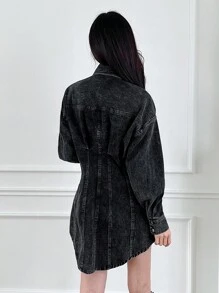 SHEINNeu Drop Shoulder Flap Detail Shirt Dress - Black - View 2