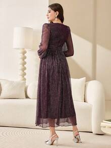 Modelyn Tay áo lồng đèn Eo Ruched Váy sequin - Màu đỏ tím - Xem 2
