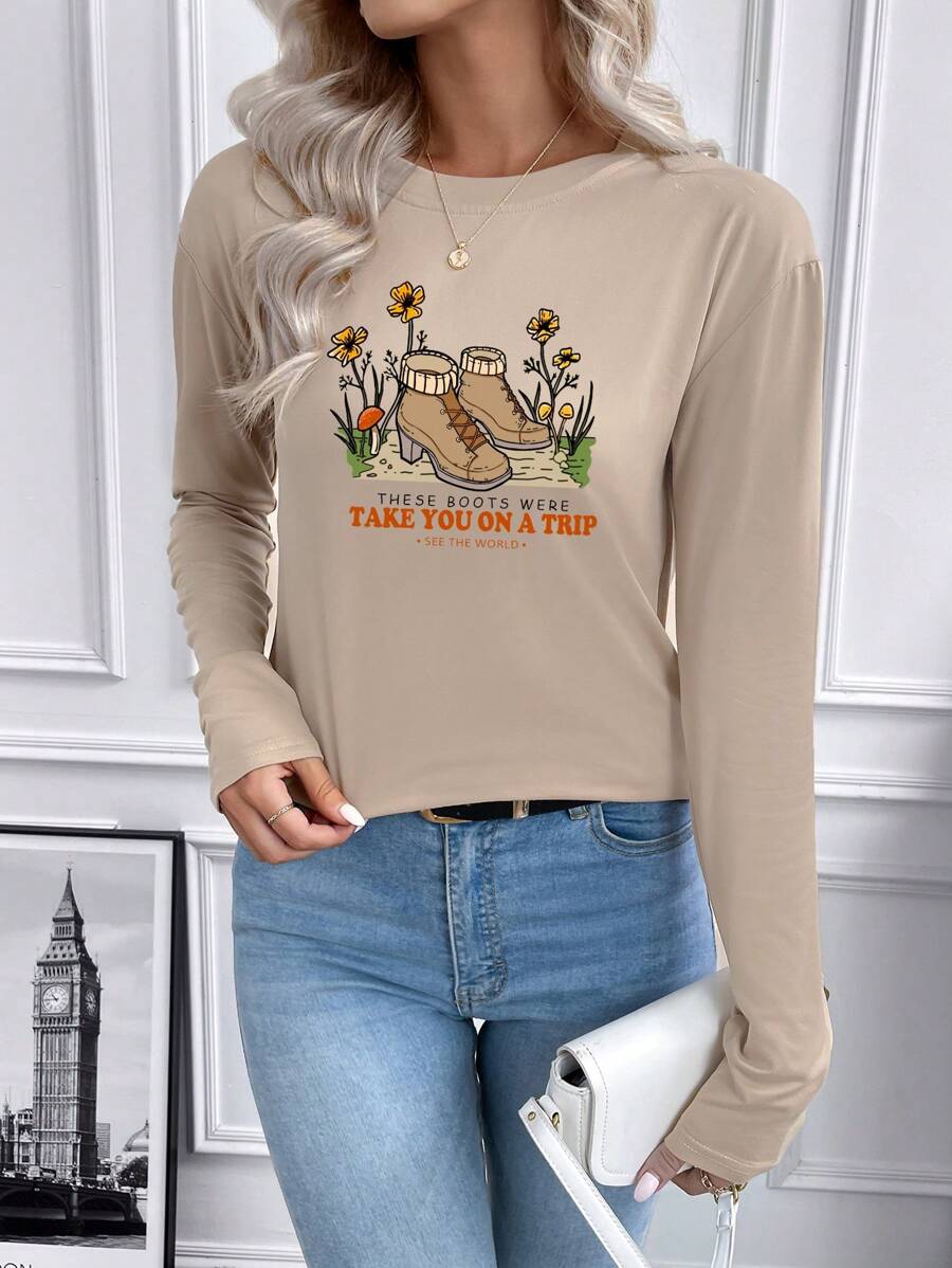 SHEIN LUNE Slogan And Shoe Print Long Sleeve T-shirt - Khaki - View 1