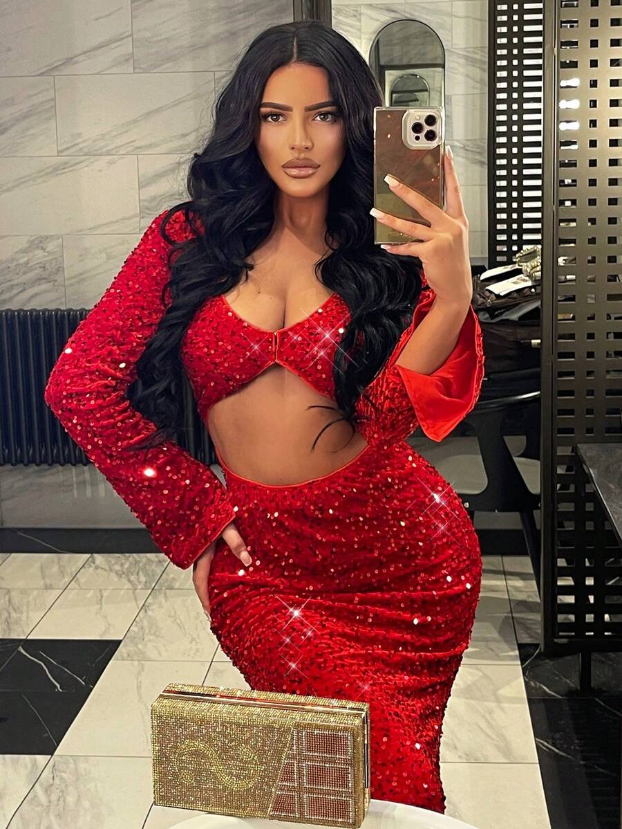 SHEIN SXY Váy sequin hở lưng màu đỏ dành cho nữ dự tiệc Giáng sinh & năm mới với đường cắt phía trước và thắt nút - Đỏ - Xem 1