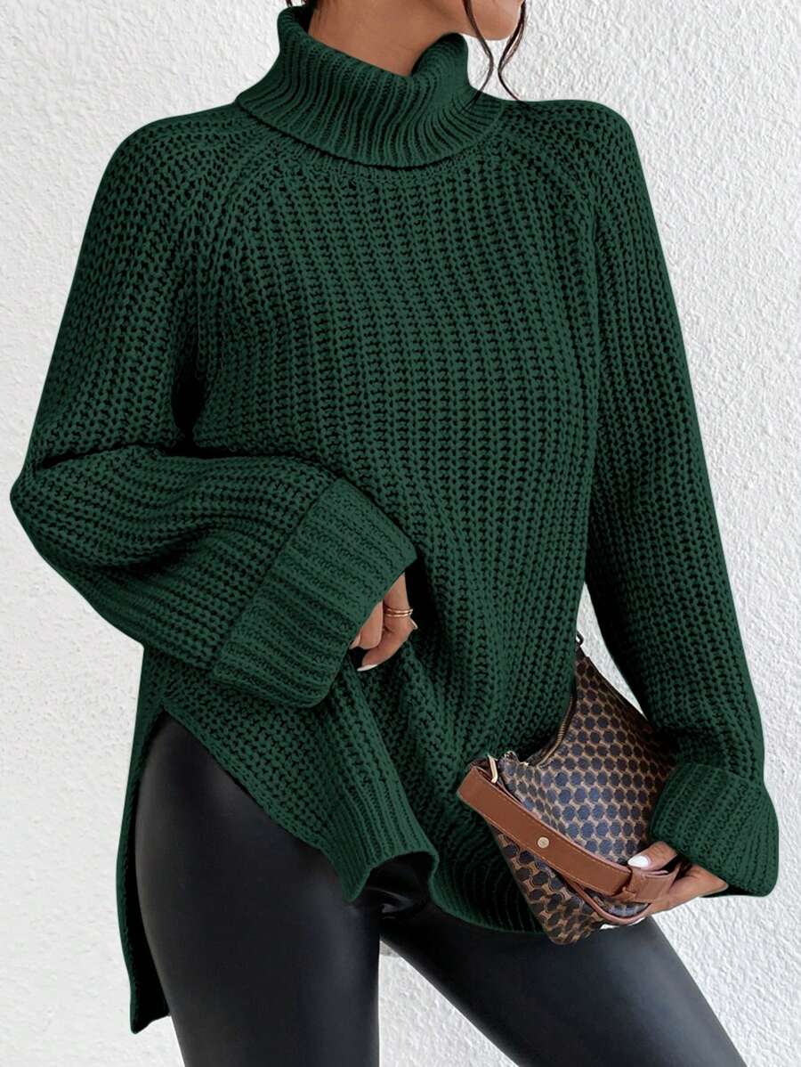 EURMUSE Turtleneck Raglan Sleeve Split Hem Sweater - Green - View 1