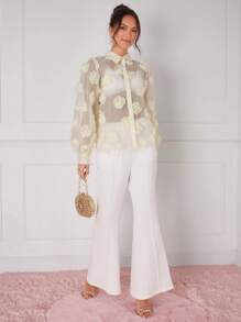 Enchnt Women's 3d Flower Lantern Sleeve Sheer Mesh Blouse - Apricot - View 3