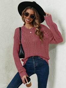 SHEIN Frenchy Pointelle Knit Drop Shoulder Sweater - Redwood - View 6