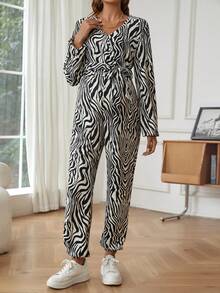 SHEIN 孕婦斑馬條紋交疊領連身褲 - 杏色 - 查看 4