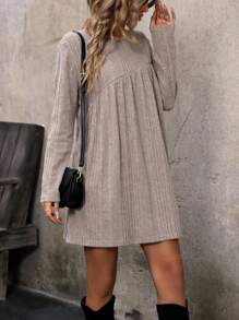 SHEIN LUNE 素色條紋針織T恤洋裝 - 卡其色 - 查看 4