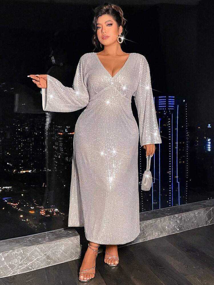 Plus Size Sequin Flare Sleeve Dress