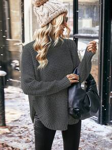 SHEIN LUNE Women's High Neck Waffle Knit Sweater - Dark Grey - View 3