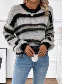 EMERY ROSE 條紋圖案落肩袖燈籠袖毛茸茸套頭毛衣 - 彩色 - 查看 1