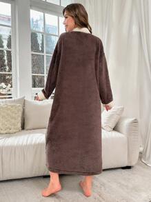 Plush Home Robe With Color-contrast Rolled Edges, Button Up Front - Brown - View 2
