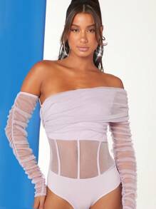 SHEIN BAE Women's One Shoulder Ruffle Mesh Bodysuit