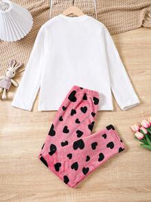 Girls' Heart Print Flannel Homewear Pajama Set - White - View 2