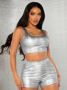 SHEIN SXY 派對和夜店華麗蛇紋金屬銀色pu背心和短褲套裝 - 棕色 - 查看 4