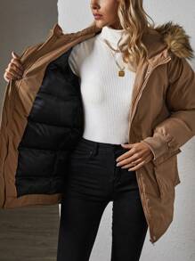 SHEIN LUNE 翻盖口袋毛绒装饰连帽加厚棉服外套衣服冬季 - 摩卡棕 - 查看 4