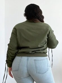 SHEIN SXY 大尺碼側邊鞋帶細節拉鍊夾克 - 軍綠色 - 查看 2