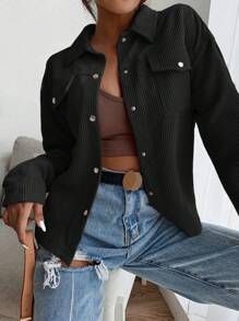 SHEIN EZwear Flap Pocket Button Front Corduroy Black Jacket In Fall/Winter - Black - View 1