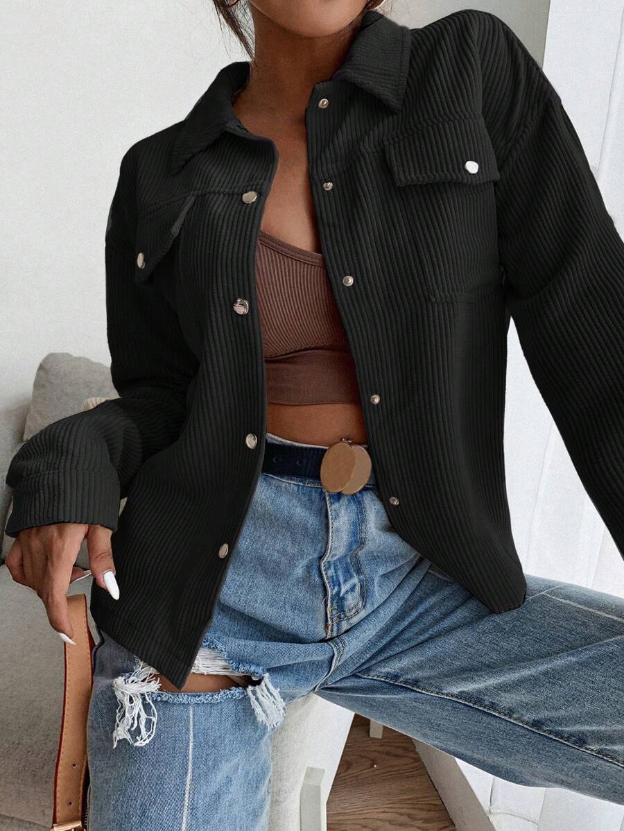 SHEIN EZwear Flap Pocket Button Front Corduroy Black Jacket In Fall/Winter - Black - View 1