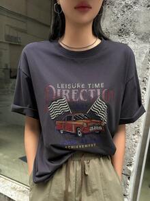 Dazy Star Ladies' Short Sleeve T-shirt With Letter & Car Pattern - Grey - View 8