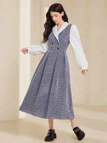 Mulvari 女裝格紋斗篷領拼色雙排扣連身裙 - 藍色 - 查看 2