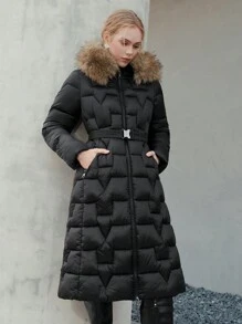 Anewsta Women's Hooded Padded Coat With Zipper & Patchwork Design, Plush Hat Brim & Slanted Pockets - Black - View 3