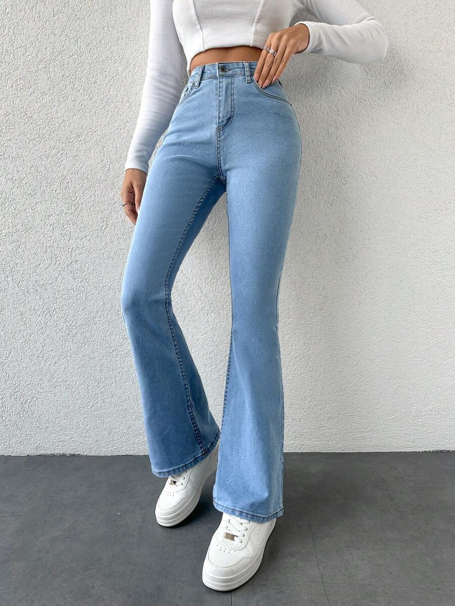 EURMUSE Quần Jeans Ống Loe Cạp Cao - Màu xanh nhạt - Xem 1