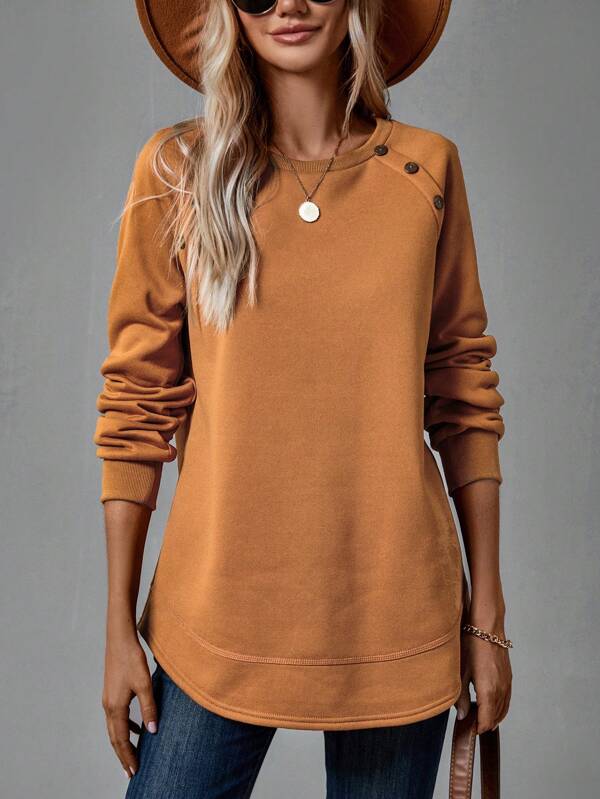 SHEIN LUNE Brown Raglan Sleeve Button Decor Women Sweatshirt