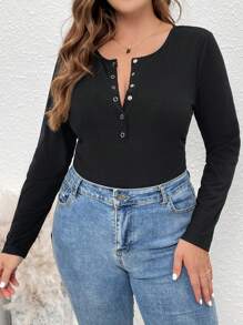 SHEIN LUNE Kích thước lớn Nút phía trước Sọc Áo liền quần chặt - màu đen - Xem 6