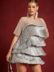 Hauture 对比色分层金属流苏迷你连衣裙 - 灰色 - 查看 4