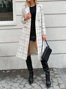 SHEIN Cottnline Plaid Double Breasted Overcoat - White - View 5