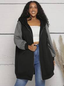 SHEIN CURVE+ 大码撞色拉链抽绳卫衣 - 彩色 - 查看 5