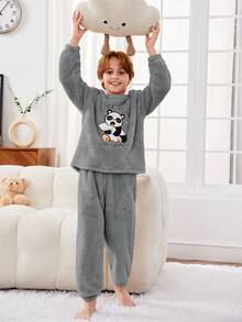 SHEIN 男孩卡通熊貓刺繡法蘭絨睡衣套裝 - 灰色 - 查看 3