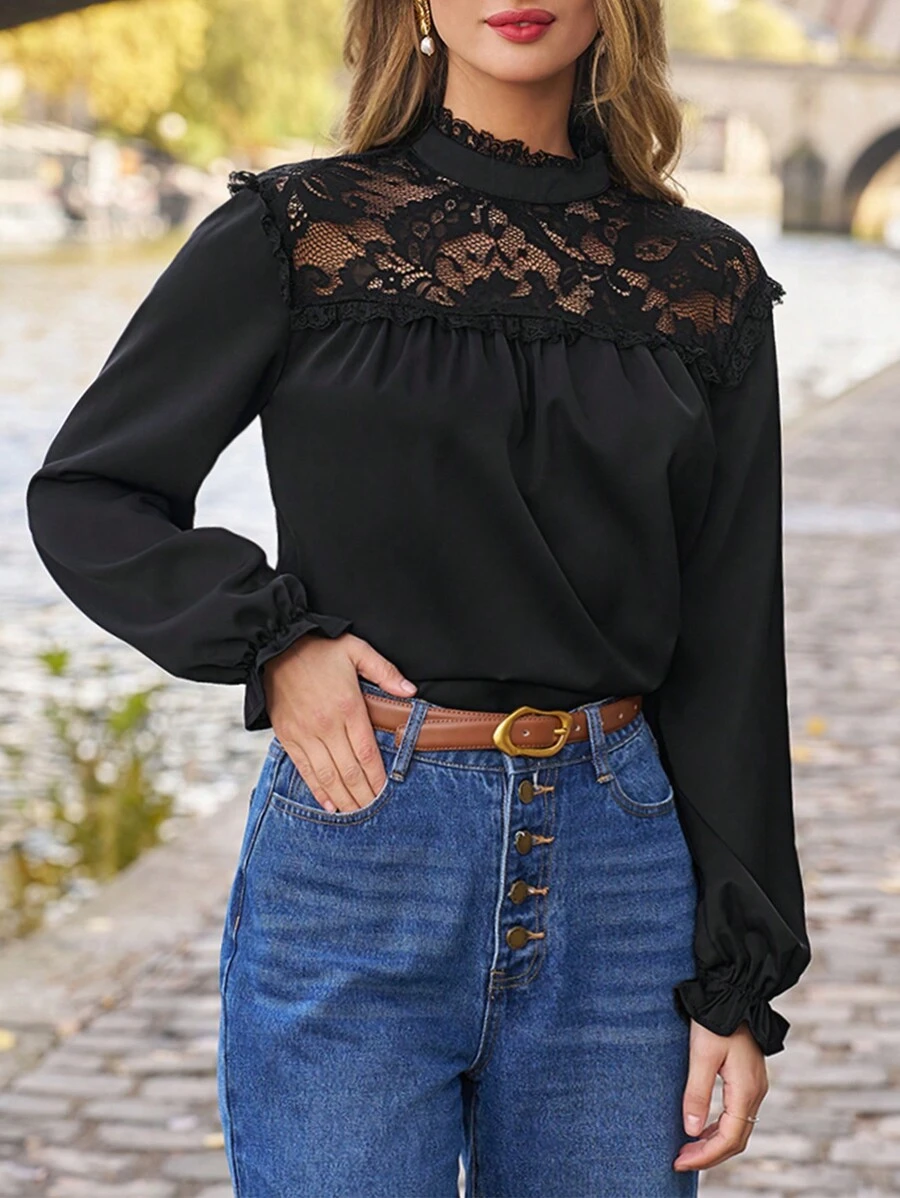 SHEIN Frenchy 女士蕾絲拼接燈籠袖襯衫 - 黑色 - 查看 1