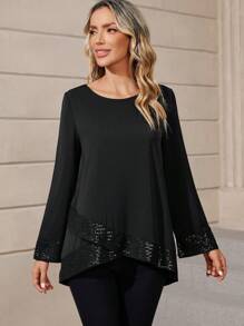 EMERY ROSE Women's Asymmetrical Line Printed Round Neck Loose Long Sleeve Shirt For Spring/Summer Teacher Shirts Women Blouses - Black - View 4