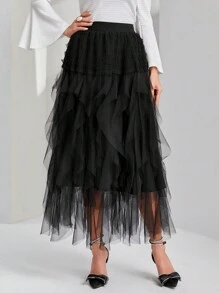 SHEIN Clasi 網拼接 揉皺 多層分層純色女士半身裙 - 黑色 - 查看 7