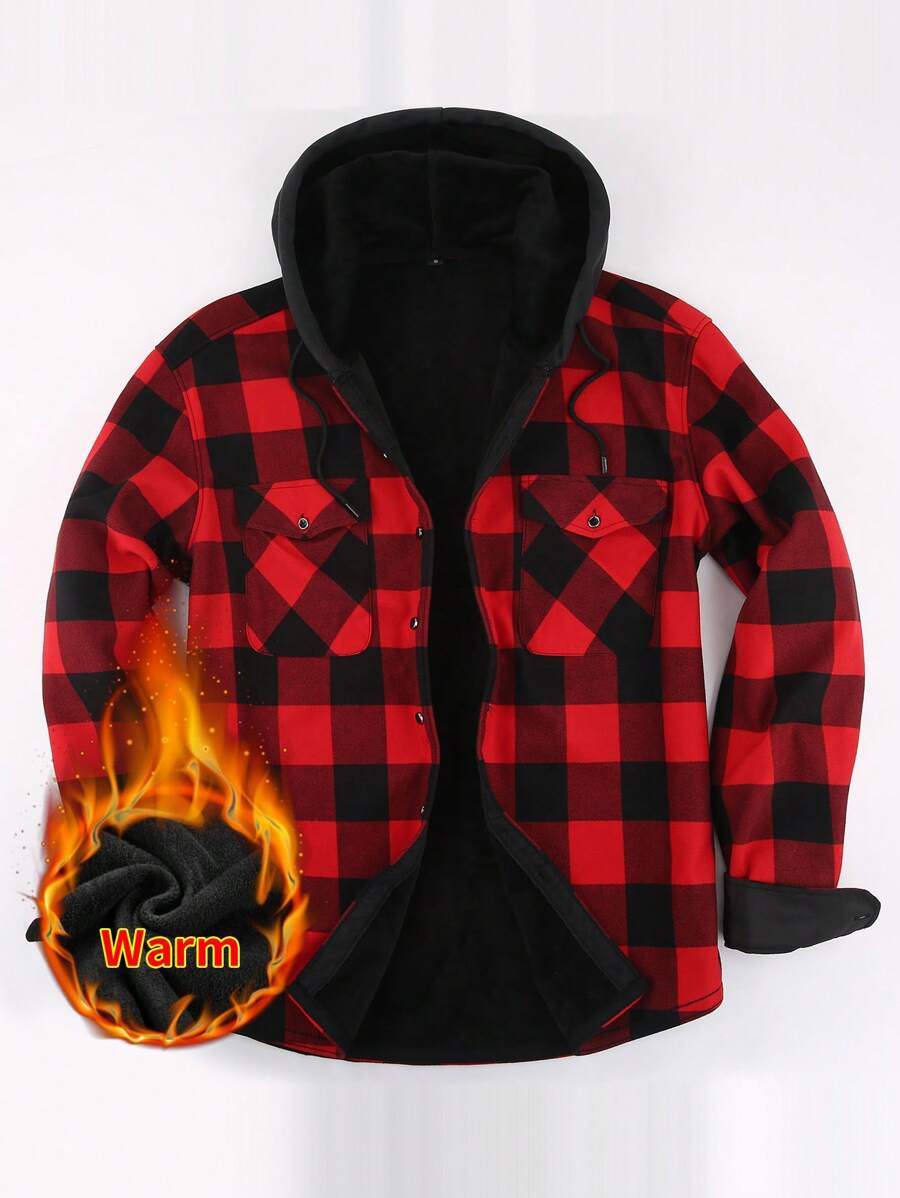 Camisa con capucha de franela engrosada para hombre, abrigo con forro térmico a cuadros de manga larga para el invierno - Rojo - Ver 1