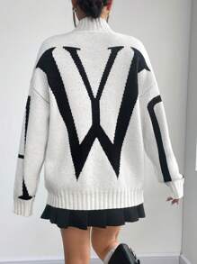 Flirla Áo len nữ cổ đứng, họa tiết chữ cái, kiểu dáng dệt kim, thích hợp cho mùa thu đông. - trắng - Xem 2