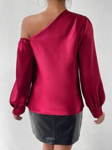 SHEIN Clasi Asymmetrical Collar Lantern Sleeve Satin Shirt - Burgundy - View 2