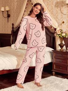 Cartoon Bear Printed Pajama Set - Pink - View 3