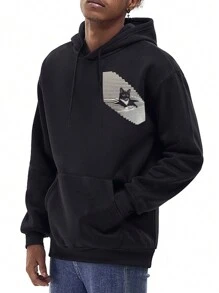 RueChic Men's Cat Print Kangaroo Pocket Hoodie With Drawstring - Black - View 3