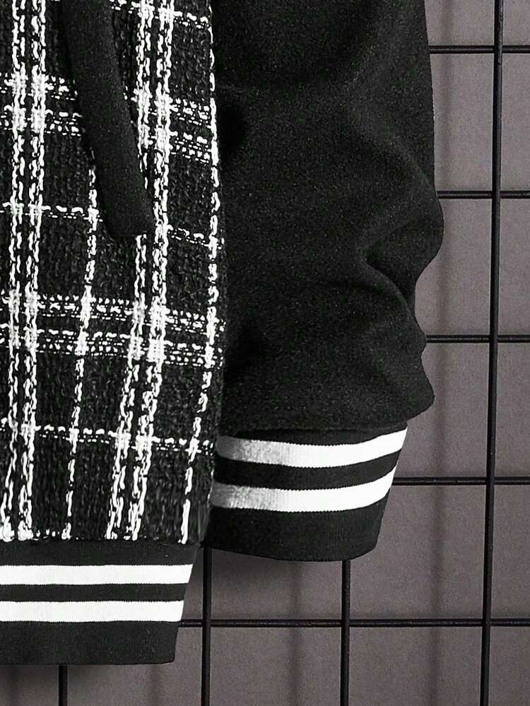Loose Fit Men's Plaid Pattern Bomber Jacket With Striped Trims