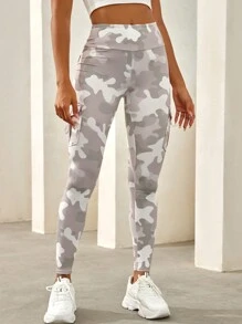 Camo Print Flap Pocket Side Running Yoga Stretch Leggings - Multicolor - View 4