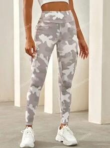 Camo Print Flap Pocket Side Running Yoga Stretch Leggings