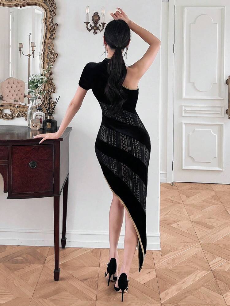 Phoenix Embroidery & Lace Splicing One Shoulder Dress