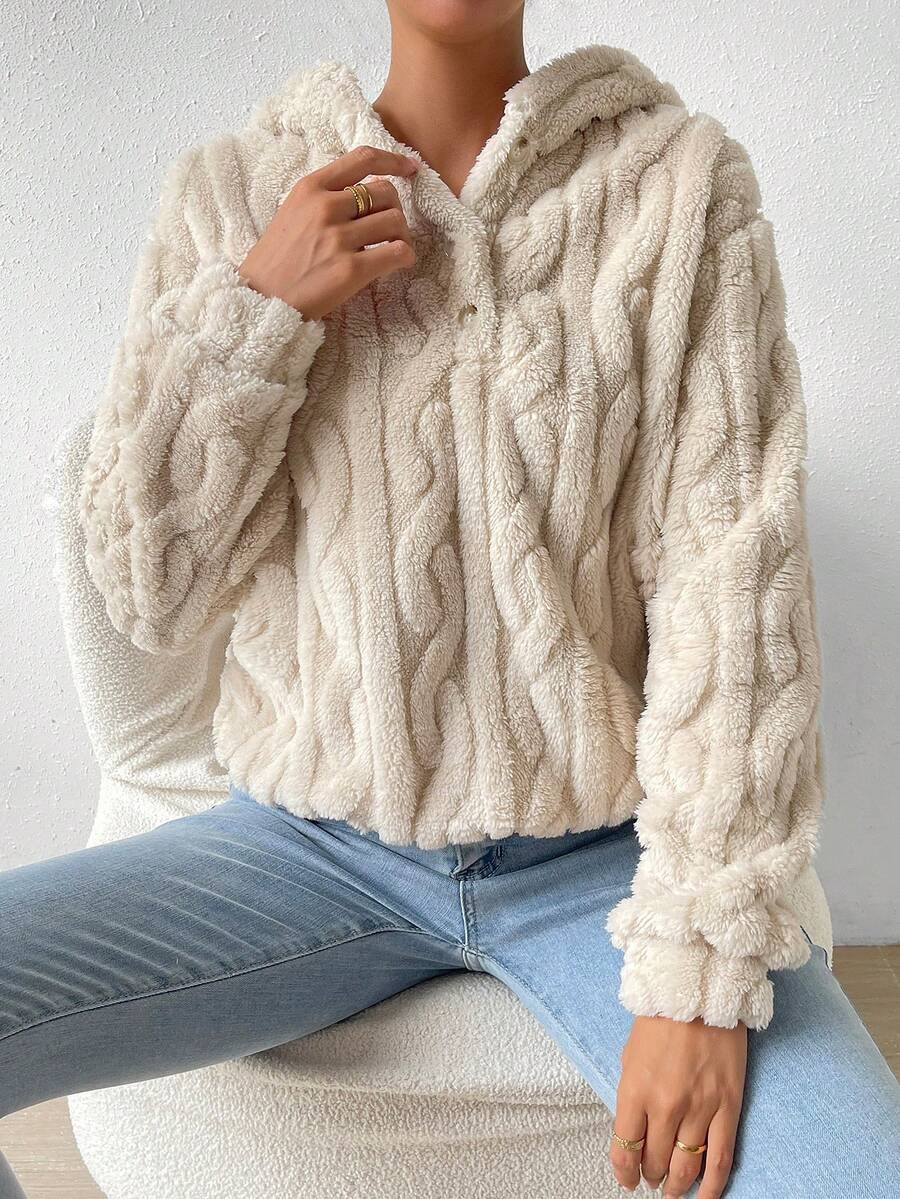 SHEIN LUNE 女款毛絨連帽衫運動衫 - 杏色 - 查看 1