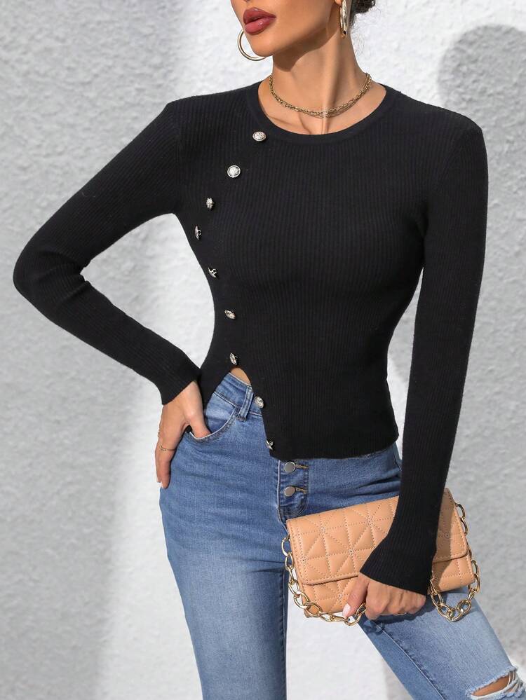 Button Detail Split Hem Knit Pullover Fall Winter Sweater