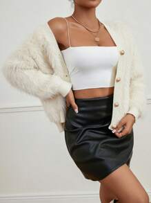 SHEIN Privé 女式下垂肩毛茸茸鈕扣針織外套(下垂肩設計) - 杏色 - 查看 4