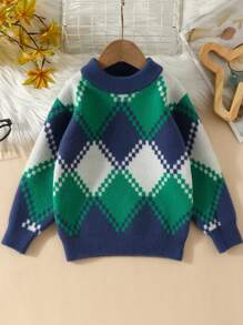 SHEIN Young Boy Argyle Pattern Drop Shoulder Sweater - Blue - View 1