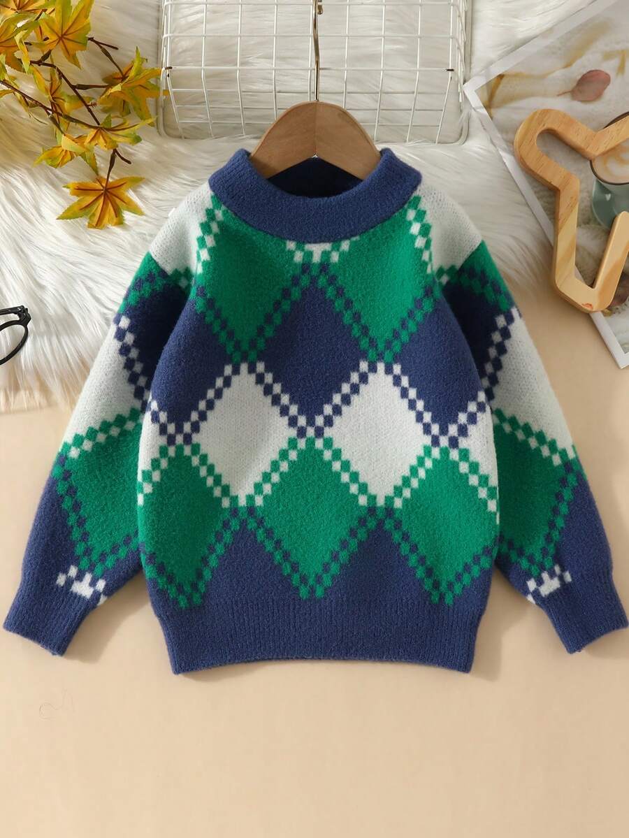 SHEIN Young Boy Argyle Pattern Drop Shoulder Sweater - Blue - View 1