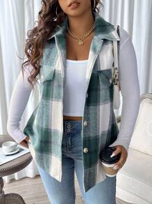 SHEIN CURVE+ 大碼格紋印花背心毛織品外套 - 墨綠色 - 查看 5