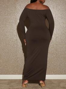Slaydiva 大尺碼女款露肩修身連身裙 - 巧克力棕 - 查看 2