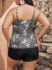 SHEIN Swim Curve Plus Size Women's Zebra Print Tankini With Shorts - Multicolor - View 2